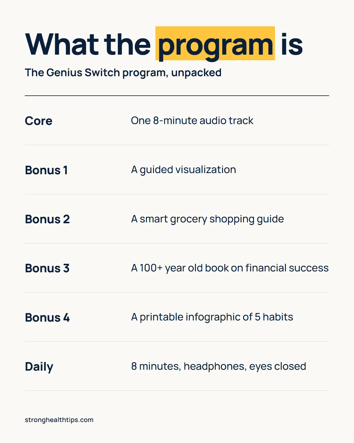 The Genius Switch program infographic: what the program consists of, one 8-minute audio track plus four digital bonuses