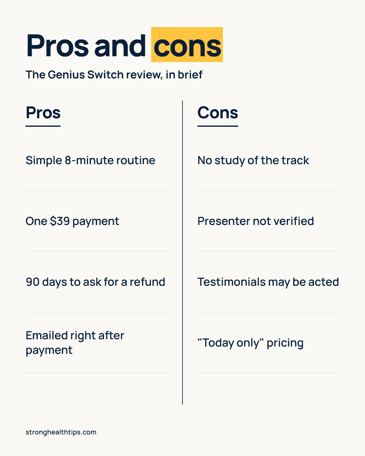 The Genius Switch review pros and cons infographic: simple routine and a 90-day refund against no study of the track