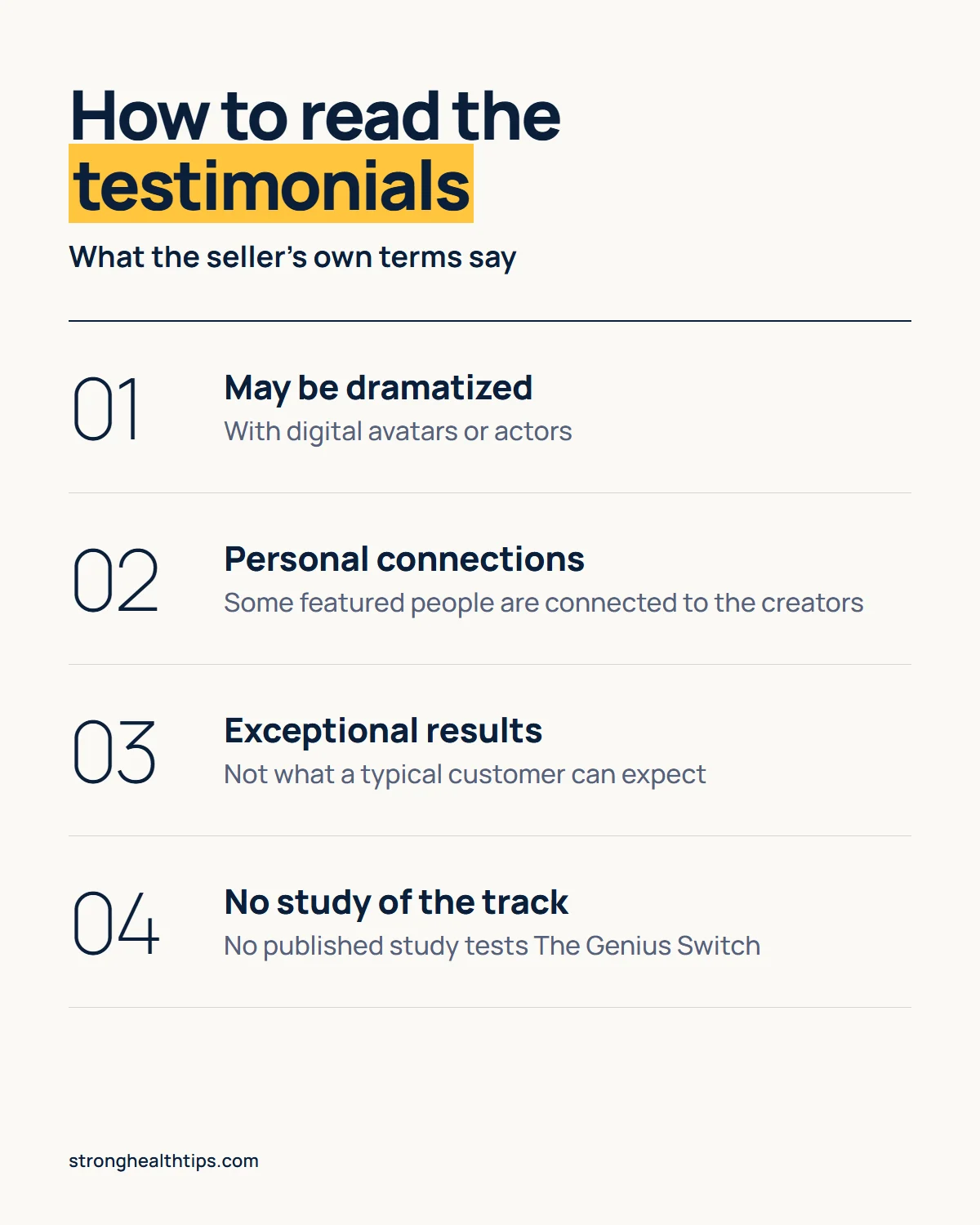 The Genius Switch reviews infographic: four things the seller's own terms say about its testimonials