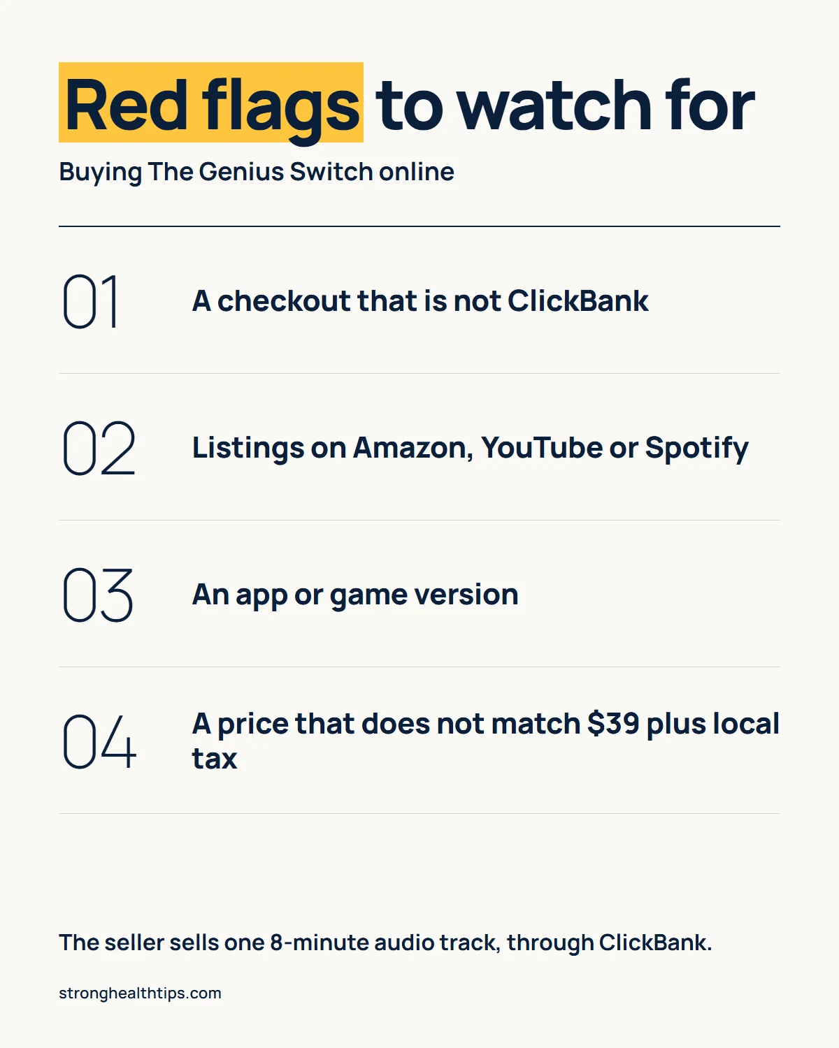 The Genius Switch website red flags infographic: a checkout that is not ClickBank, listings on Amazon, YouTube or Spotify