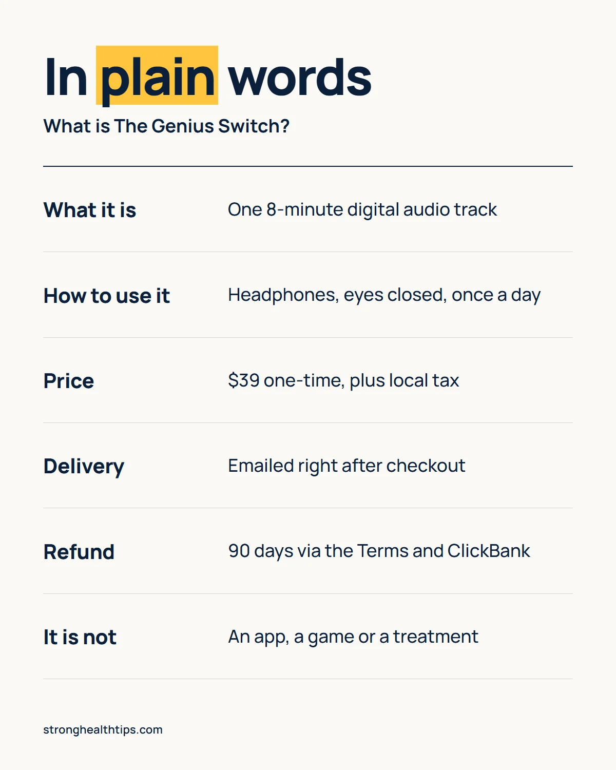 What is The Genius Switch infographic: in plain words, an 8-minute digital audio track, used daily with headphones