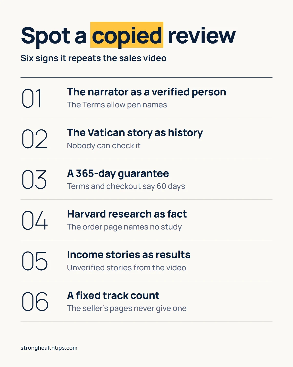 The Last Wish reviews infographic: six signs a review copied the sales video, such as the narrator stated as fact