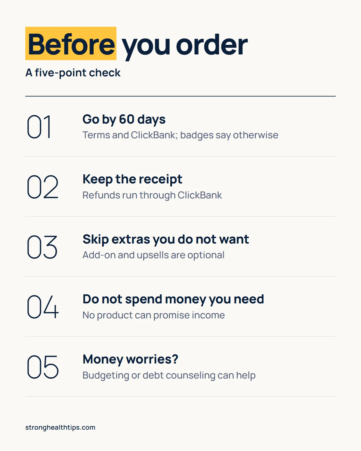 Before you order The Last Wish: go by the 60-day refund, keep the ClickBank receipt, skip extras you do not want, do not spend money you need, and get budgeting or debt counseling help for money worries