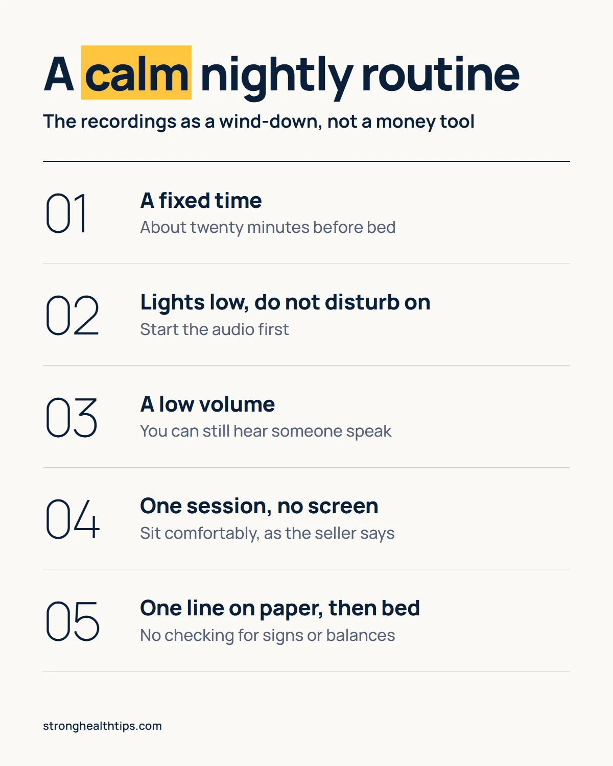 The Last Wish recordings infographic: a fixed time, dim lights and do not disturb, a low volume