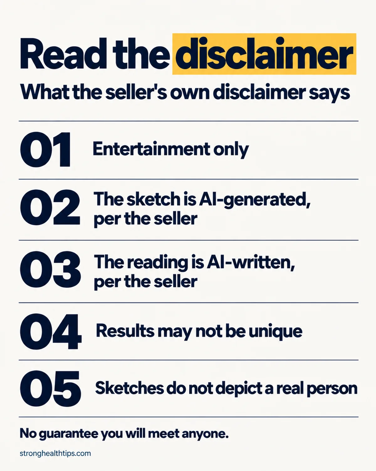 Tina Aldea soulmate sketch disclaimer infographic: entertainment only, AI-generated sketch and reading, may not be unique, no guarantee you will meet anyone